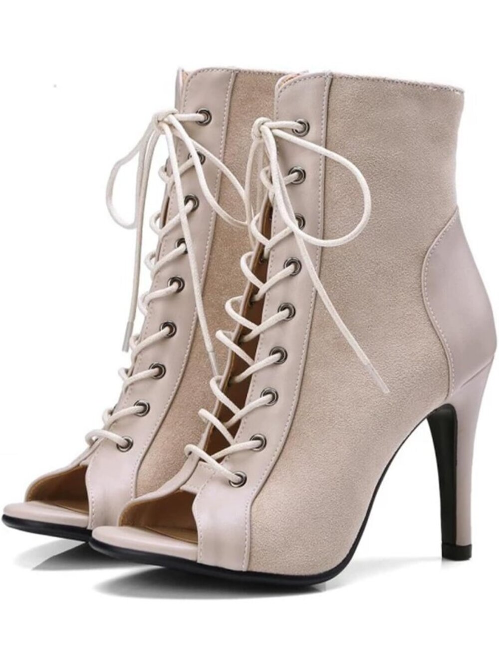 Womens White Buckle Lace Up Mesh Sandals Peep Toe High Heel Ankle Boots